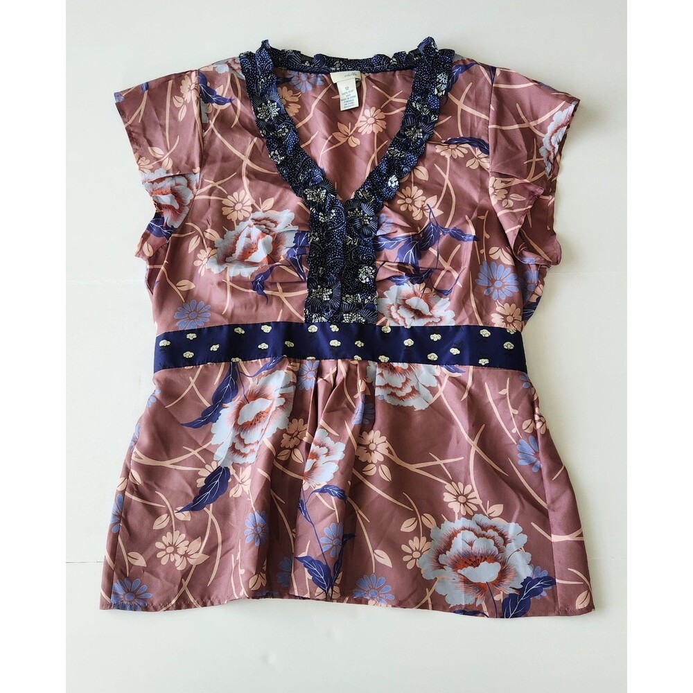 Anthropologie Odille Silk Floral Blouse Ruffle Trim Empire Waist Babydoll - 12